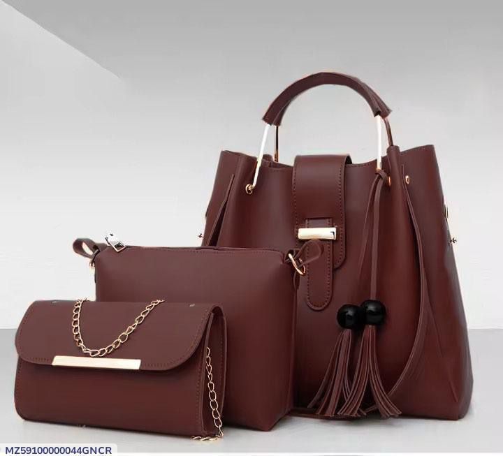 Pure Leather Plain Hand Bag 3 pcs